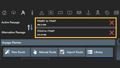 A screenshot showing the OneOcean system's tool for showing active passage and alternative passages.